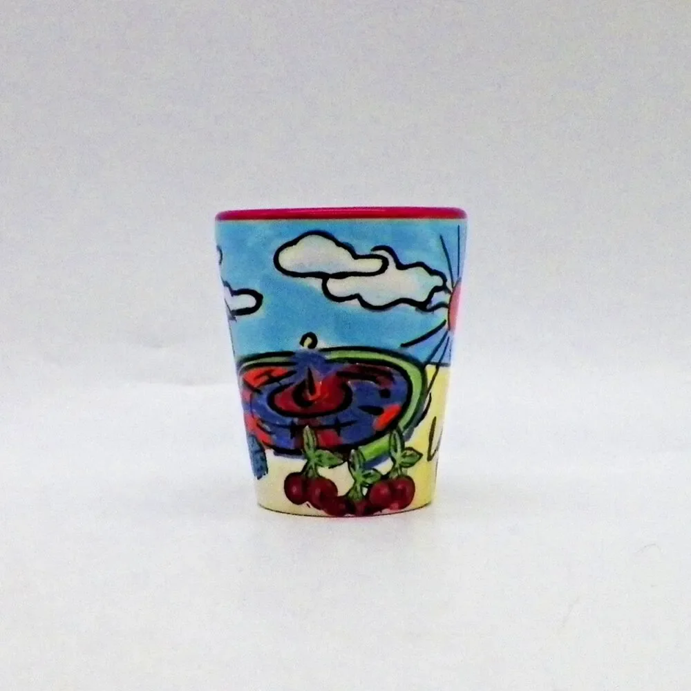 Las Vegas Ceramic Shot Glass Desert Red Sun Dice Cards Poker Chip Roulette Wheel